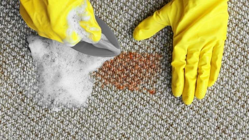 Yellow gloves & brush removing stain from carpet by Carpet Cleaning of Virginia Beach
